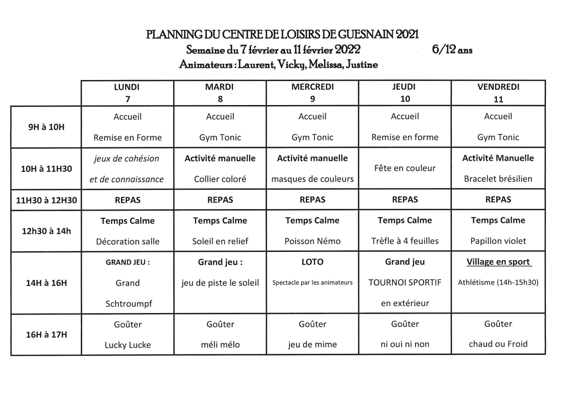 Planning du centre de loisirs - Semaine 1