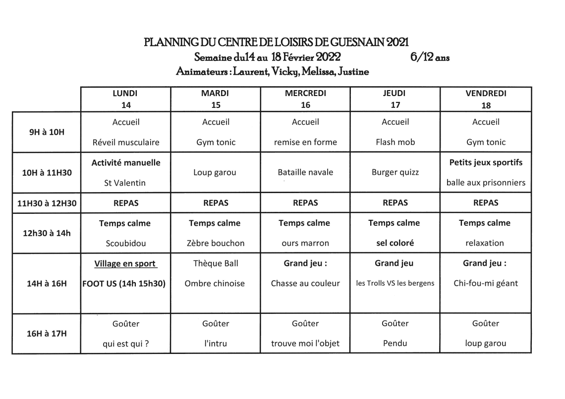 Planning du centre de loisirs - Semaine 2