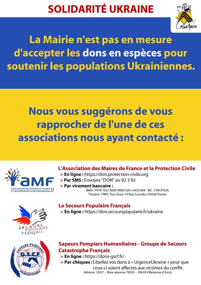 La Mairie n'est pas en mesure d'accepter les dons en espèces pour soutenir les populations Ukrainiennes. Nous vous suggérons de vous rapprocher d'une association.