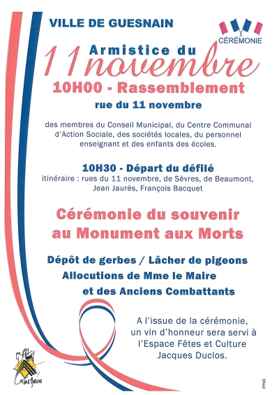Rassemblement à 10h pour la cérémonie de l'Armistice du 11 novembre