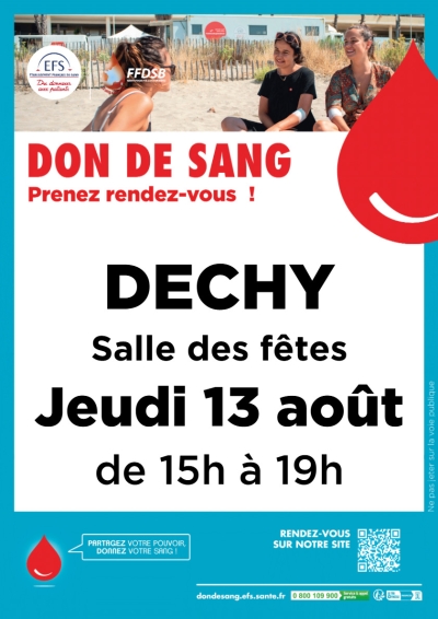 Don du sang le 13 août à la salle des fêtes de Dechy